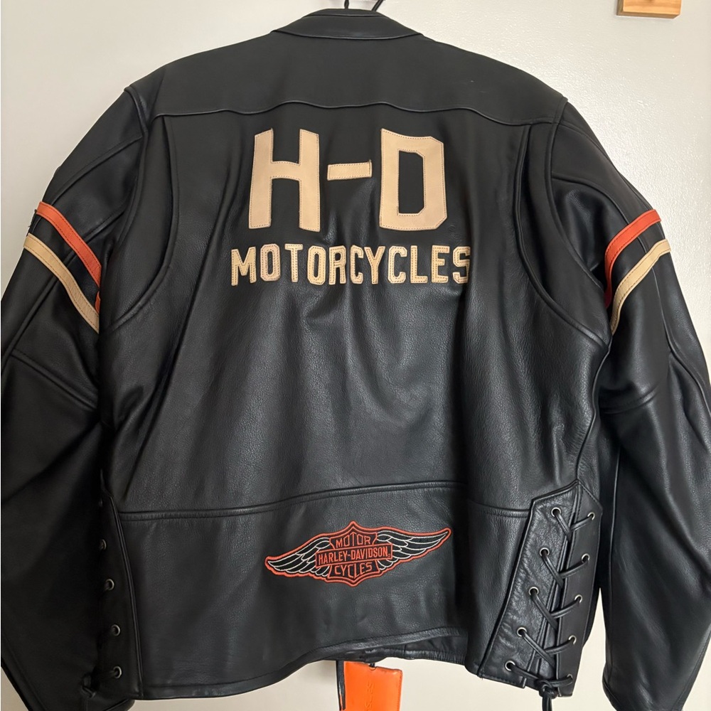 Harley-Davidson Black Leather Jacket with Tan and Orange Accents